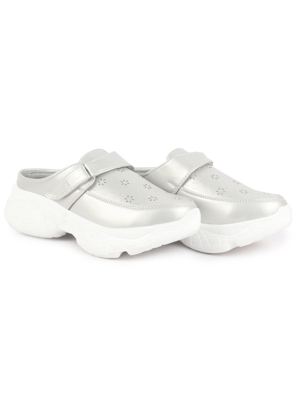 Shop Women White Laser Cut Floral Design Hook and Loop Back Open Slip On Mules Shoes Online.