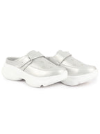 Shop Women White Laser Cut Floral Design Hook and Loop Back Open Slip On Mules Shoes Online.
