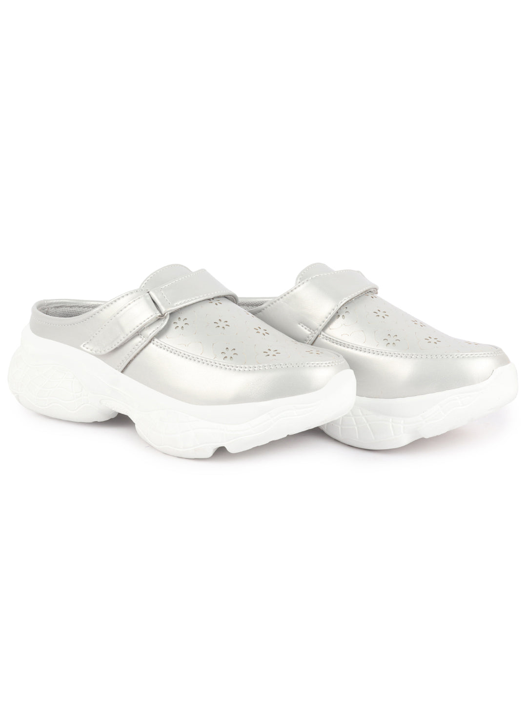 Shop Women White Laser Cut Floral Design Hook and Loop Back Open Slip On Mules Shoes Online.