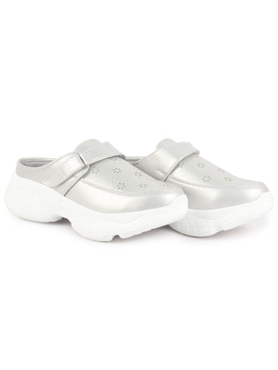 Women Silver Laser Cut Floral Design Hook and Loop Back Open Slip On Mules Shoes