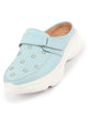 Women Sky Blue Laser Cut Floral Design Hook and Loop Back Open Slip On Mules Shoes