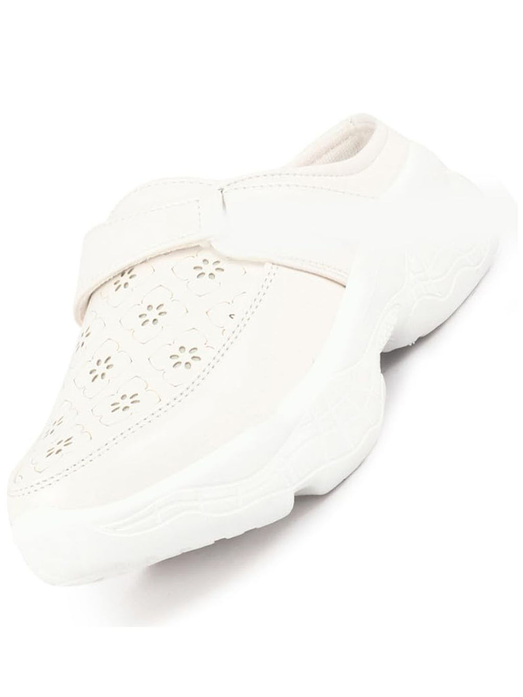 Shop Women White Laser Cut Floral Design Hook and Loop Back Open Slip On Mules Shoes Online.