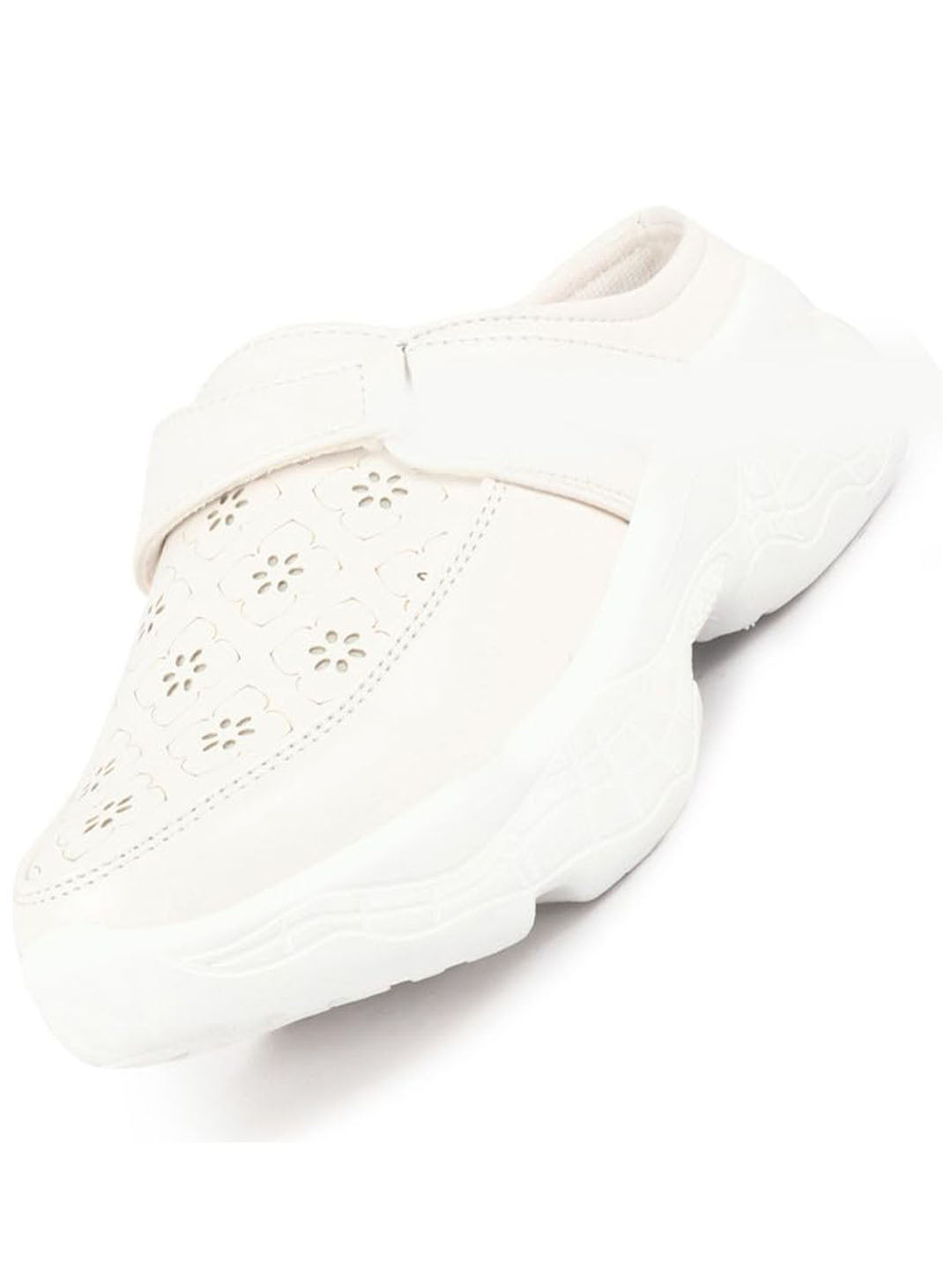 Shop Women White Laser Cut Floral Design Hook and Loop Back Open Slip On Mules Shoes Online.