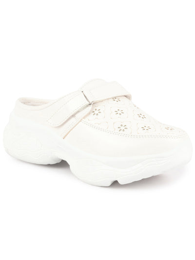 Women White Laser Cut Floral Design Hook and Loop Back Open Slip On Mules Shoes