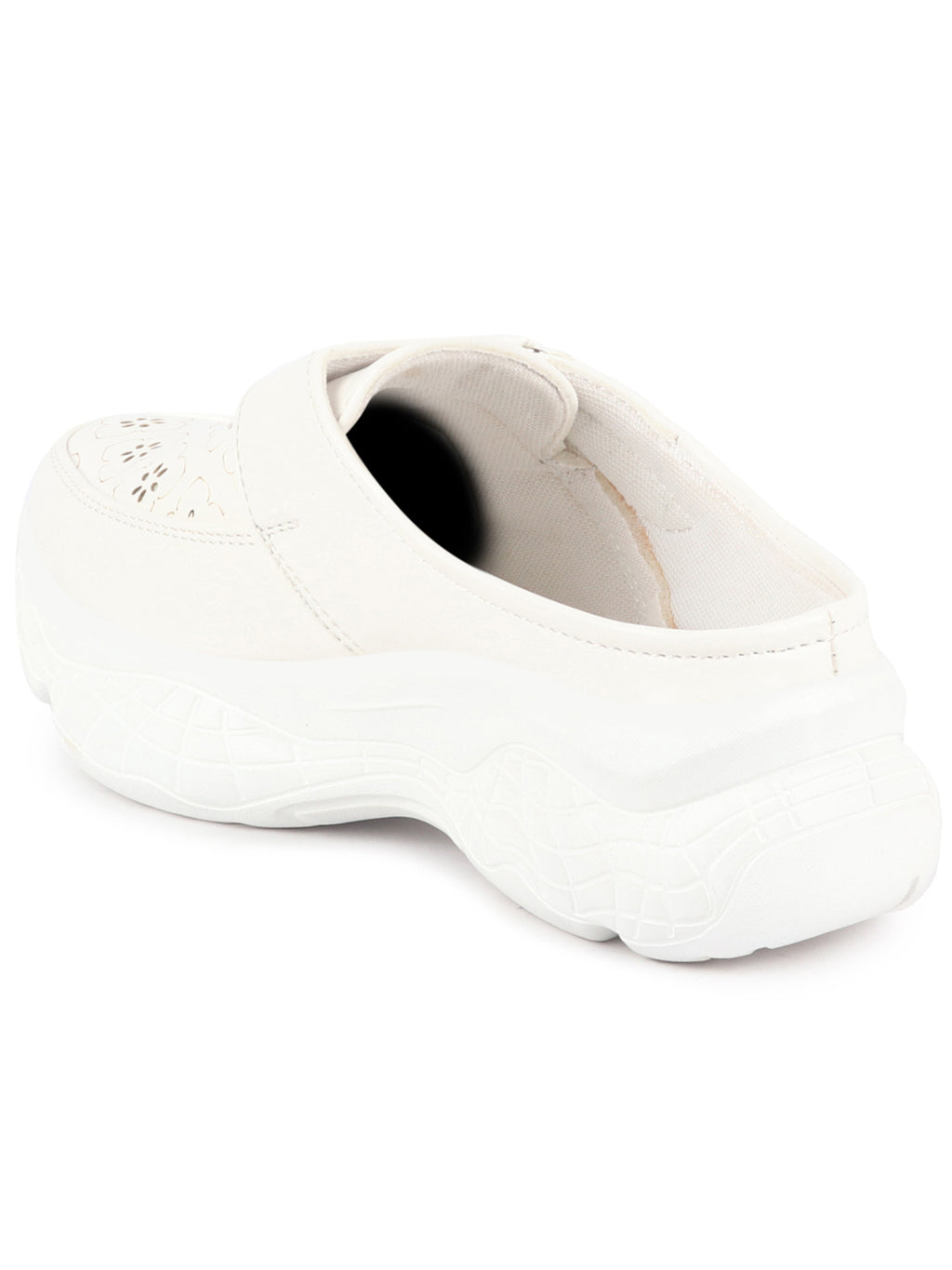 Shop Women White Laser Cut Floral Design Hook and Loop Back Open Slip On Mules Shoes Online.