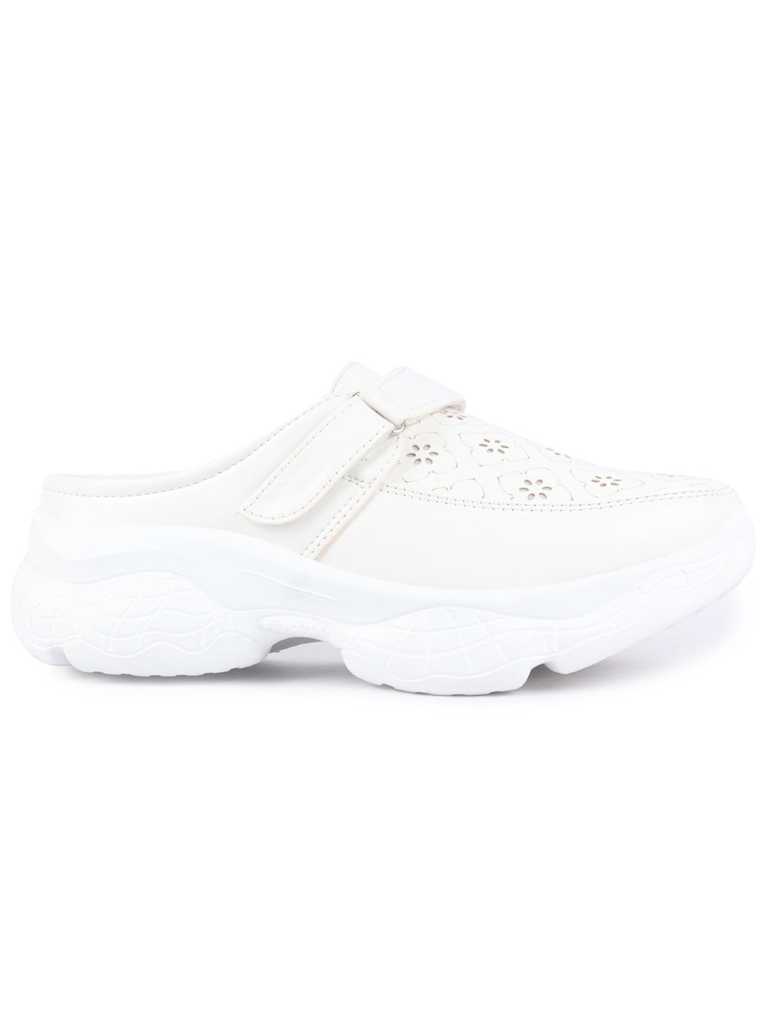 Shop Women White Laser Cut Floral Design Hook and Loop Back Open Slip On Mules Shoes Online.
