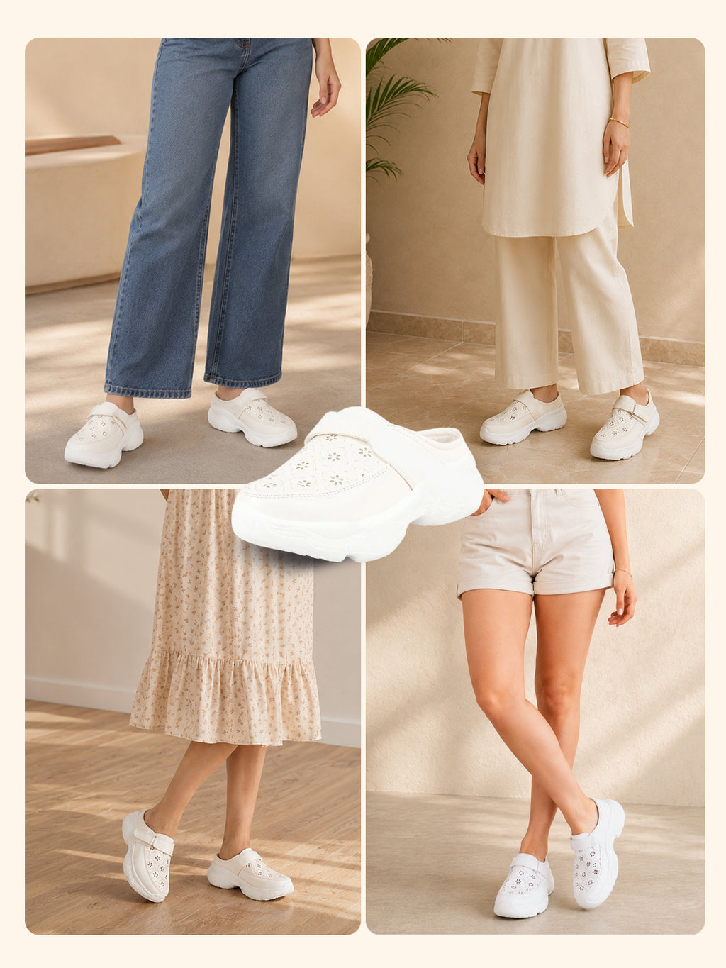 Women White Laser Cut Floral Design Hook and Loop Back Open Slip On Mules Shoes