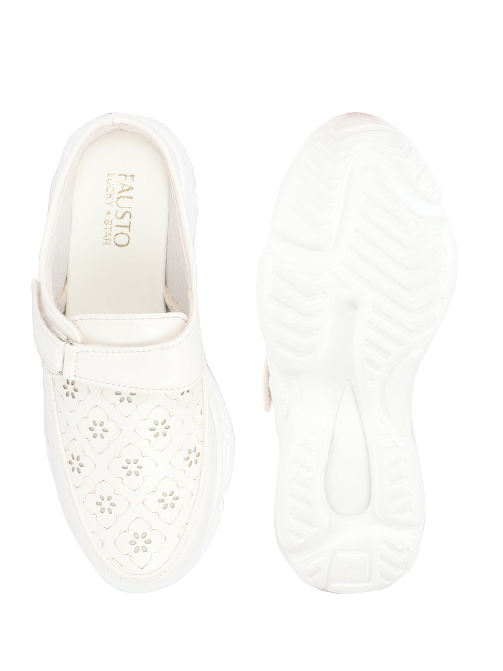 Shop Women White Laser Cut Floral Design Hook and Loop Back Open Slip On Mules Shoes Online.