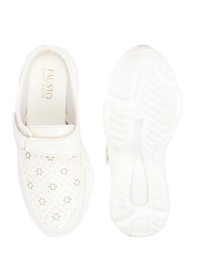 Women White Laser Cut Floral Design Hook and Loop Back Open Slip On Mules Shoes