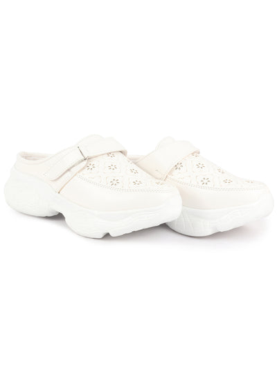 Women White Laser Cut Floral Design Hook and Loop Back Open Slip On Mules Shoes