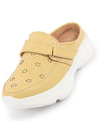 Shop Women Yellow Laser Cut Floral Design Hook and Loop Back Open Slip On Mules Shoes Online.