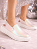 Women Glossy White Height Enhancer Elastic Closure Back Strap Platform Heel Slip On Shoes|Stylish|Chunky|Weekend|Classic Sneaker Shoes