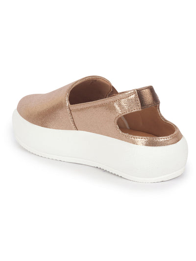Women Golden Height Enhancer Elastic Closure Back Strap Platform Heel Slip On Shoes|Stylish|Chunky|Weekend|Classic Sneaker Shoes