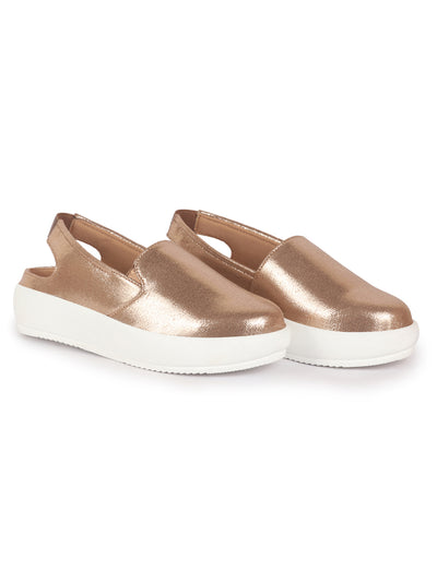 Women Golden Height Enhancer Elastic Closure Back Strap Platform Heel Slip On Shoes|Stylish|Chunky|Weekend|Classic Sneaker Shoes