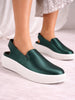 Women Green Height Enhancer Elastic Closure Back Strap Platform Heel Slip On Shoes|Stylish|Chunky|Weekend|Classic Sneaker Shoes