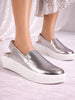 Women Grey Height Enhancer Elastic Closure Back Strap Platform Heel Slip On Shoes|Stylish|Chunky|Weekend|Classic Sneaker Shoes