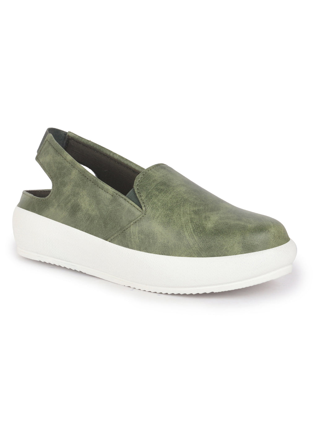 Women Olive Height Enhancer Elastic Closure Back Strap Platform Heel Slip On Shoes|Stylish|Chunky|Weekend|Classic Sneaker Shoes
