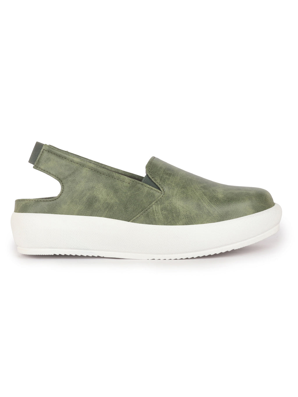 Women Olive Height Enhancer Elastic Closure Back Strap Platform Heel Slip On Shoes|Stylish|Chunky|Weekend|Classic Sneaker Shoes