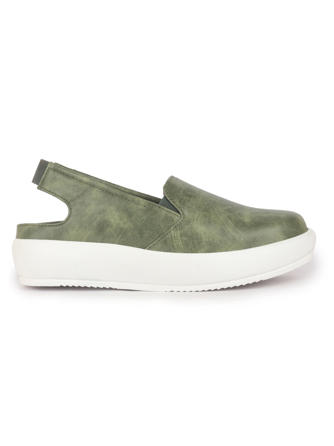 Women Olive Height Enhancer Elastic Closure Back Strap Platform Heel Slip On Shoes|Stylish|Chunky|Weekend|Classic Sneaker Shoes