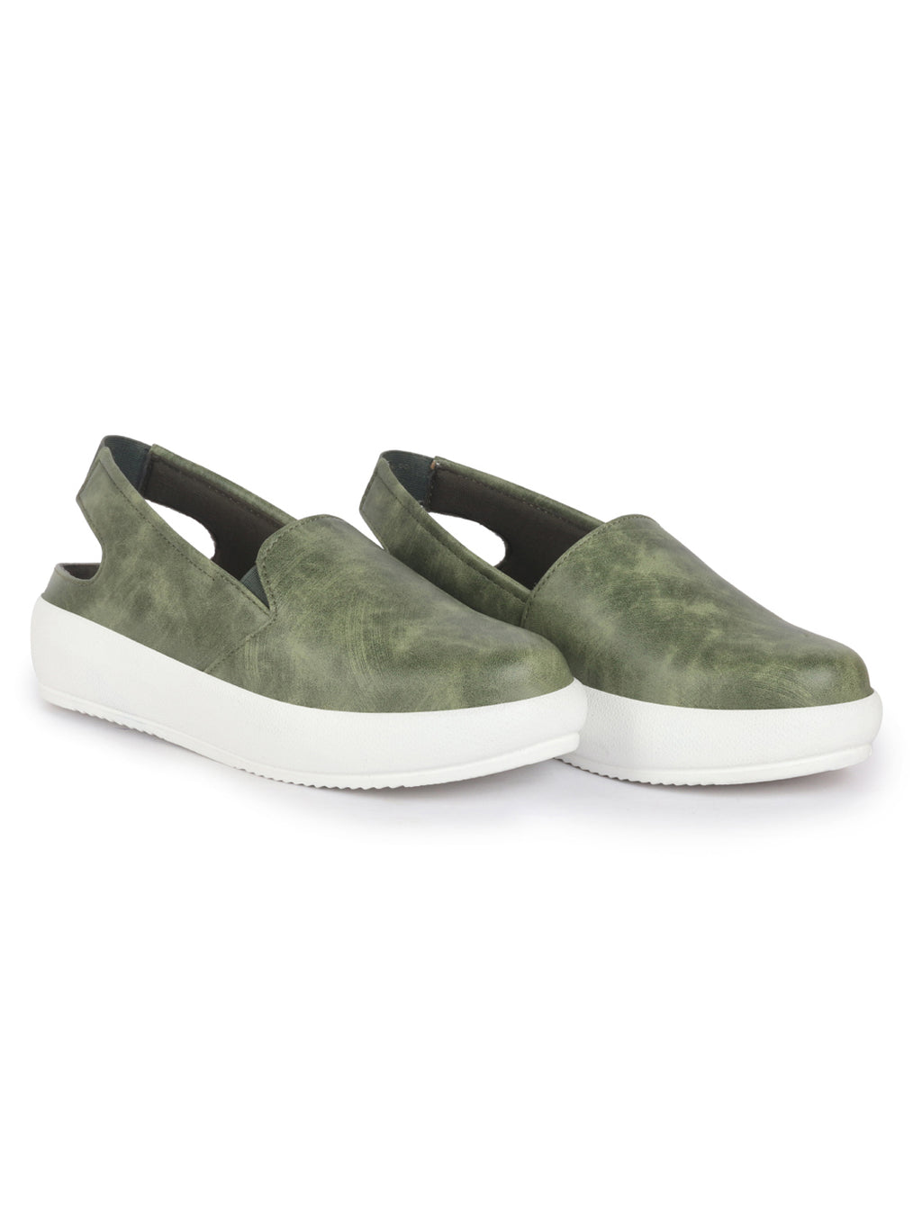 Women Olive Height Enhancer Elastic Closure Back Strap Platform Heel Slip On Shoes|Stylish|Chunky|Weekend|Classic Sneaker Shoes
