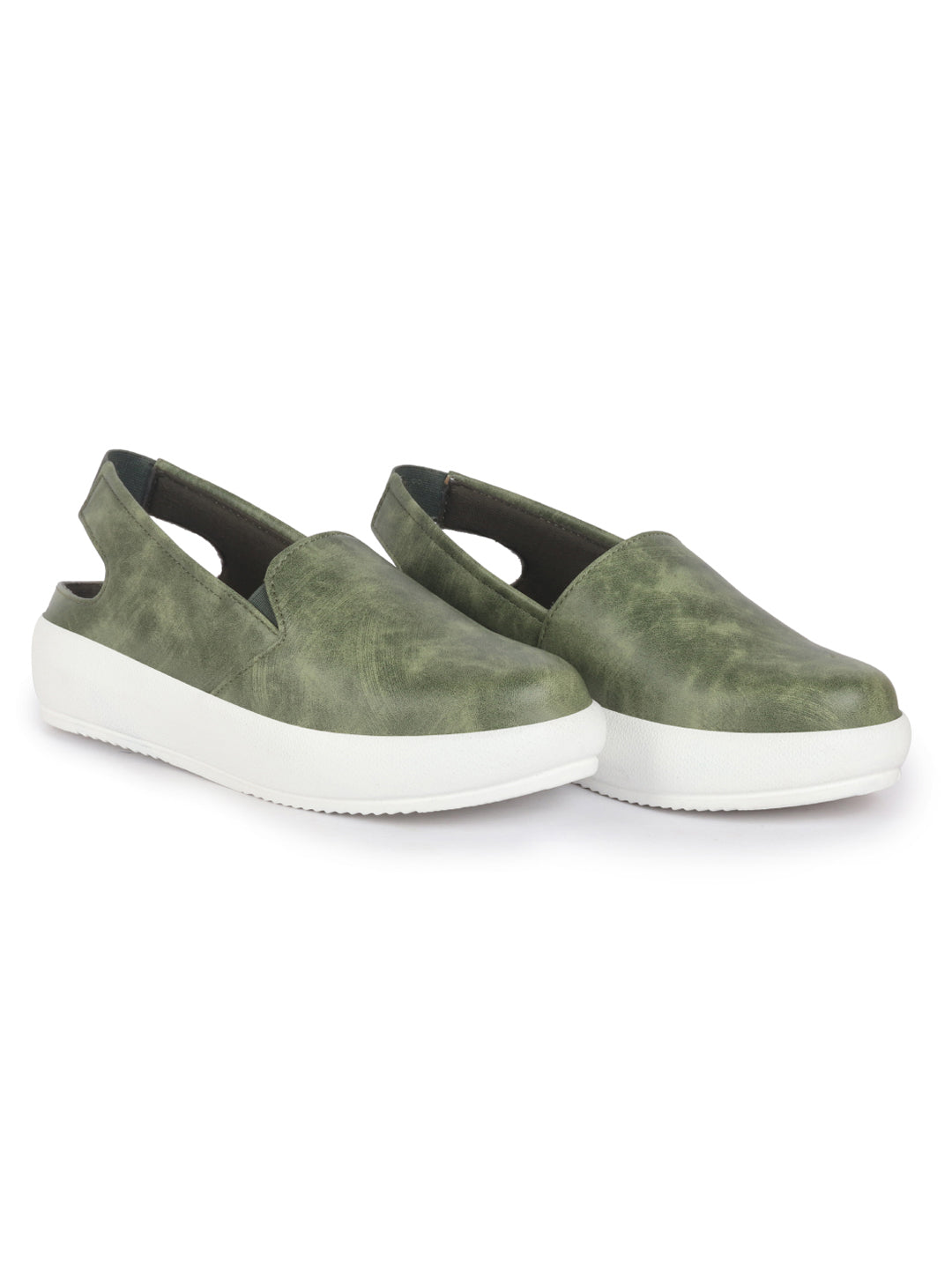 Women Olive Height Enhancer Elastic Closure Back Strap Platform Heel Slip On Shoes|Stylish|Chunky|Weekend|Classic Sneaker Shoes