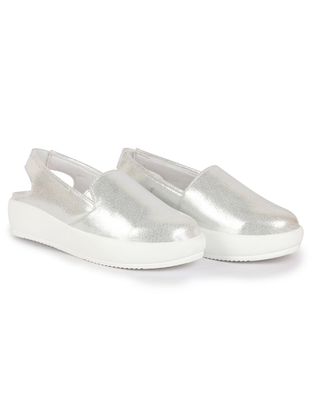 Shop Women Silver Perforated Laser Cut Classic Back Open Slip On Mules Shoes|Work|Casual|Loafer Shoes|Comfort Online.