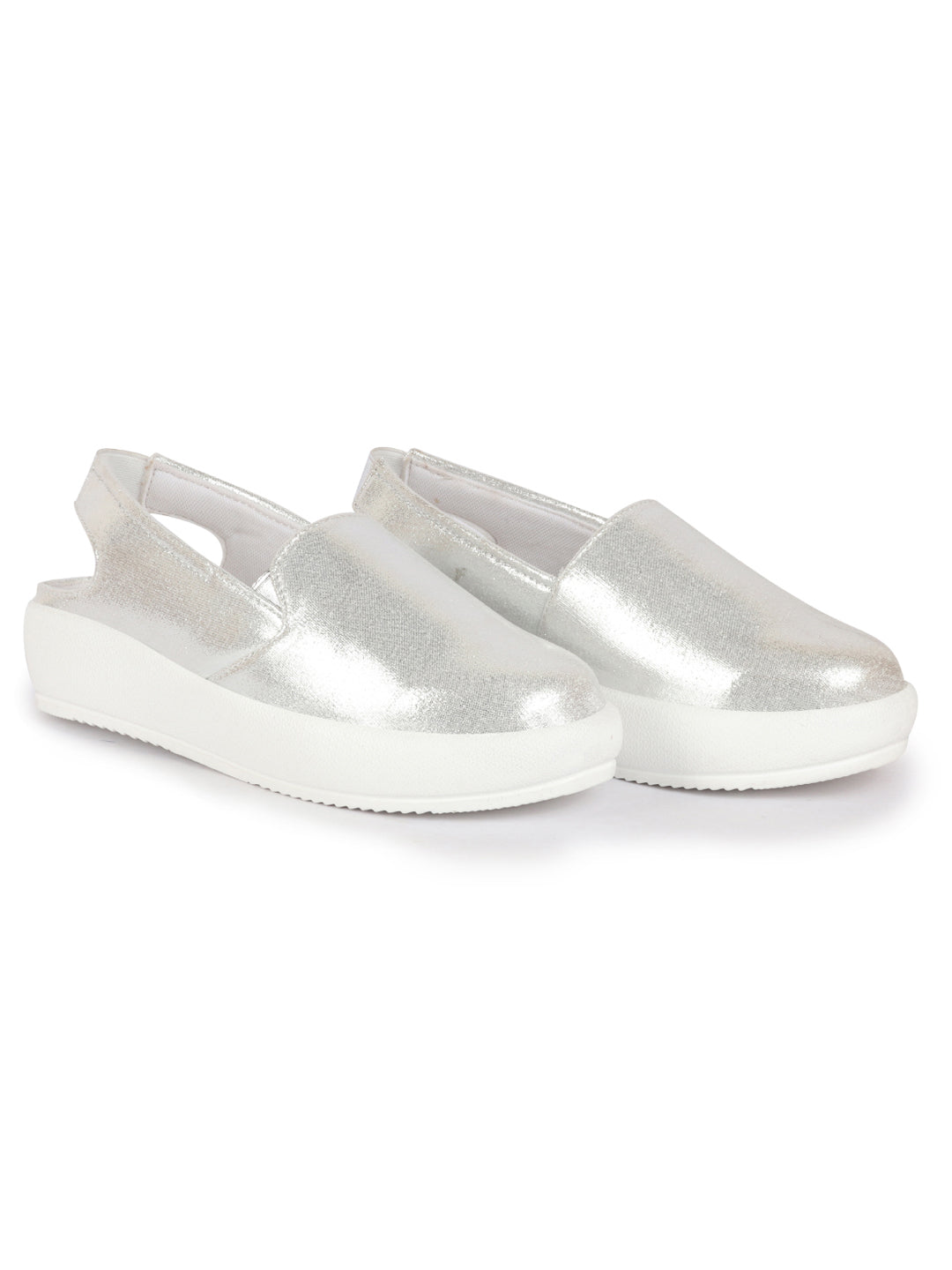 Shop Women Silver Perforated Laser Cut Classic Back Open Slip On Mules Shoes|Work|Casual|Loafer Shoes|Comfort Online.