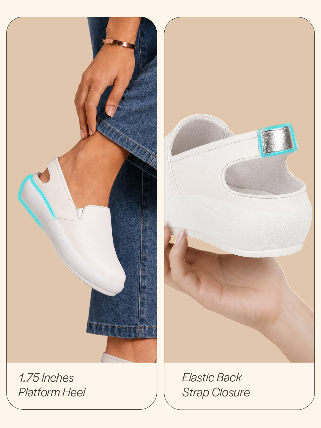 Women White Height Enhancer Elastic Closure Back Strap Platform Heel Slip On Shoes|Stylish|Chunky|Weekend|Classic Sneaker Shoes
