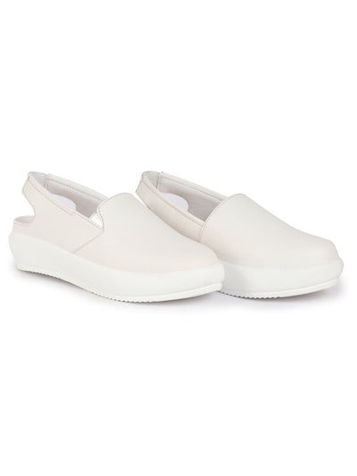 Women White Height Enhancer Elastic Closure Back Strap Platform Heel Slip On Shoes|Stylish|Chunky|Weekend|Classic Sneaker Shoes