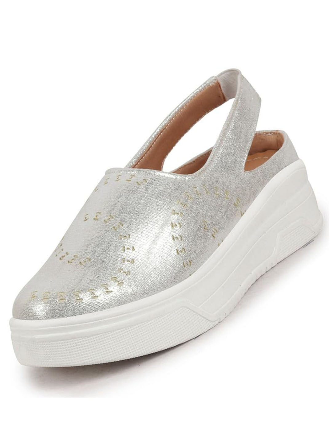 Shop Women Silver Laser Cut Back Strap Flatform Heel Elastic Closure Embellished Slip On Shoes|Stylish|Weekend|Classic Sneaker Shoes Online.