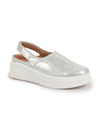 Shop Women Silver Laser Cut Back Strap Flatform Heel Elastic Closure Embellished Slip On Shoes|Stylish|Weekend|Classic Sneaker Shoes Online.