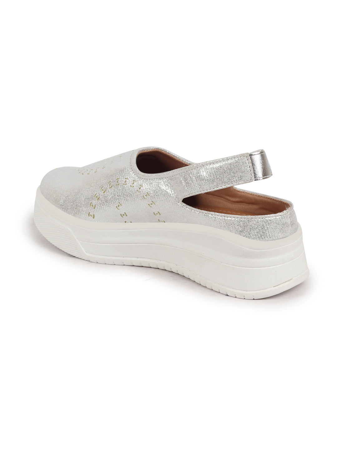 Shop Women Silver Laser Cut Back Strap Flatform Heel Elastic Closure Embellished Slip On Shoes|Stylish|Weekend|Classic Sneaker Shoes Online.