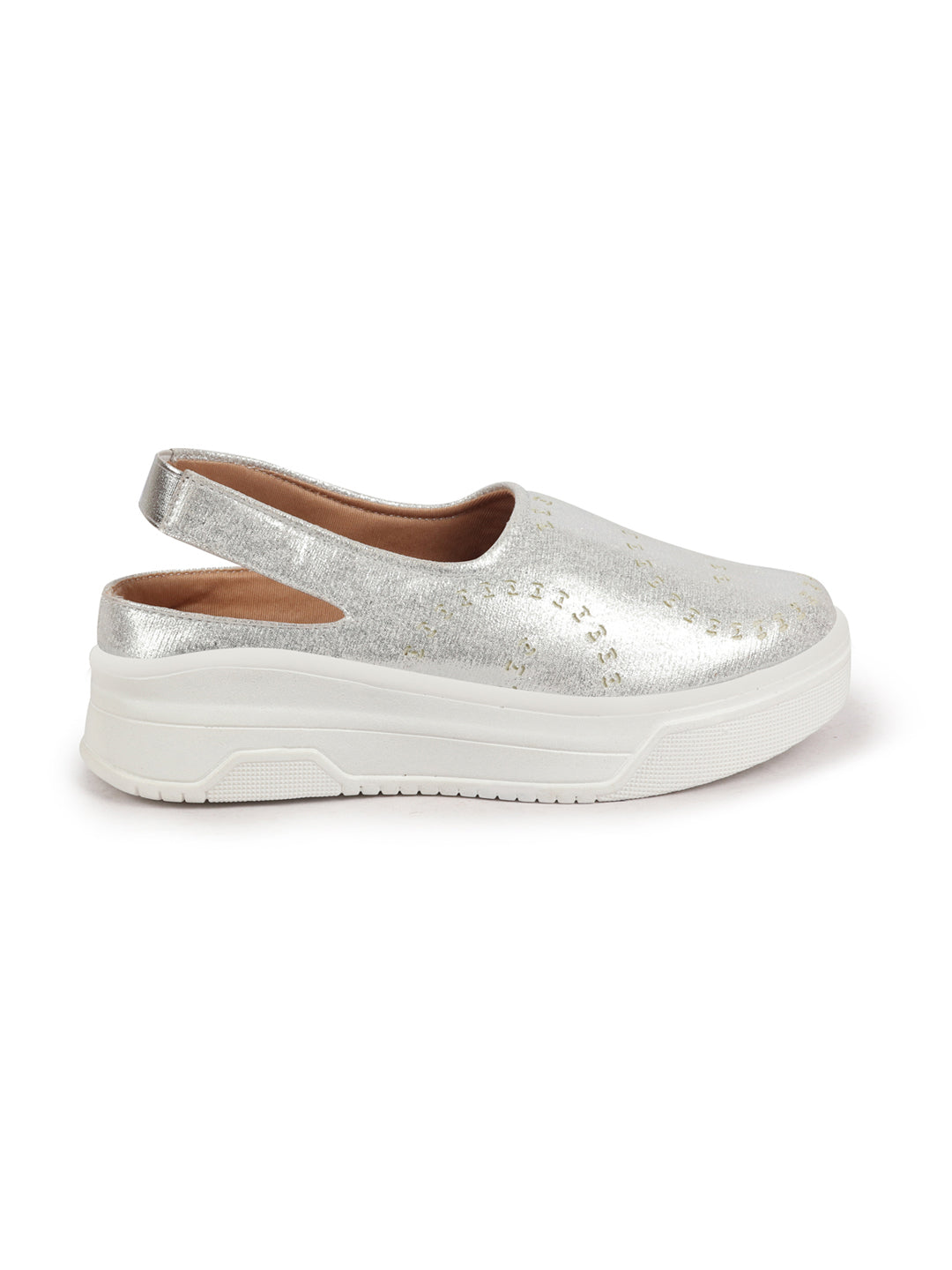Shop Women Silver Laser Cut Back Strap Flatform Heel Elastic Closure Embellished Slip On Shoes|Stylish|Weekend|Classic Sneaker Shoes Online.