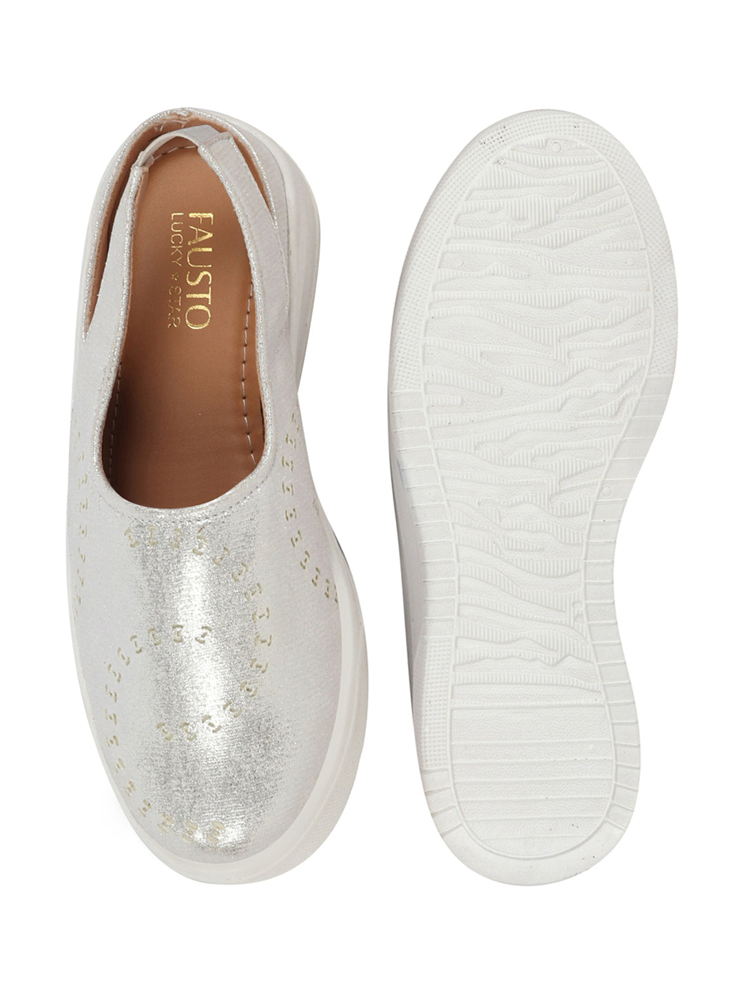 Shop Women Silver Laser Cut Back Strap Flatform Heel Elastic Closure Embellished Slip On Shoes|Stylish|Weekend|Classic Sneaker Shoes Online.