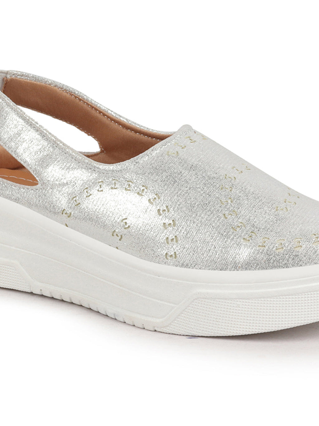Shop Women Silver Laser Cut Back Strap Flatform Heel Elastic Closure Embellished Slip On Shoes|Stylish|Weekend|Classic Sneaker Shoes Online.