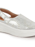 Shop Women Silver Laser Cut Back Strap Flatform Heel Elastic Closure Embellished Slip On Shoes|Stylish|Weekend|Classic Sneaker Shoes Online.