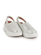 Shop Women Silver Laser Cut Back Strap Flatform Heel Elastic Closure Embellished Slip On Shoes|Stylish|Weekend|Classic Sneaker Shoes Online.