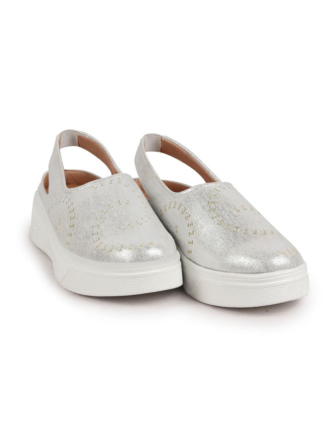 Shop Women Silver Laser Cut Back Strap Flatform Heel Elastic Closure Embellished Slip On Shoes|Stylish|Weekend|Classic Sneaker Shoes Online.