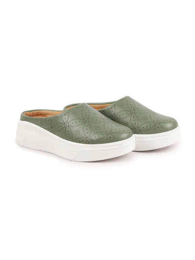 Shop Women Green Laser Cut Back Open Platform Heel Slip On Mules Casual Shoes Online.