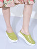 Women Parrot Green Laser Cut Back Open Platform Heel Slip On Mules Casual Shoes