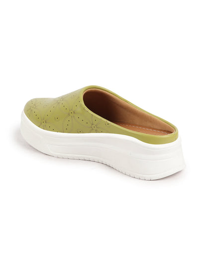 Shop Women Parrot Green Laser Cut Back Open Platform Heel Slip On Mules Casual Shoes Online.