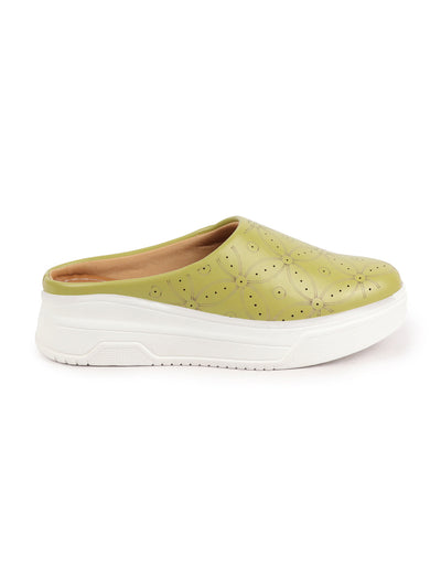 Shop Women Parrot Green Laser Cut Back Open Platform Heel Slip On Mules Casual Shoes Online.