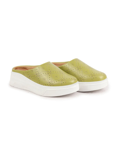 Shop Women Parrot Green Laser Cut Back Open Platform Heel Slip On Mules Casual Shoes Online.