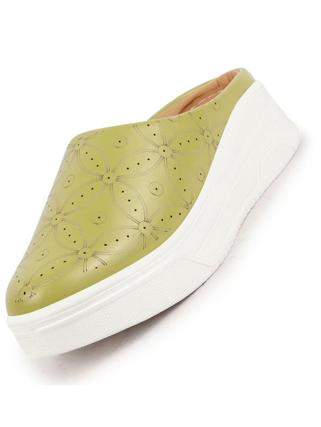 Women Parrot Green Laser Cut Back Open Platform Heel Slip On Mules Casual Shoes