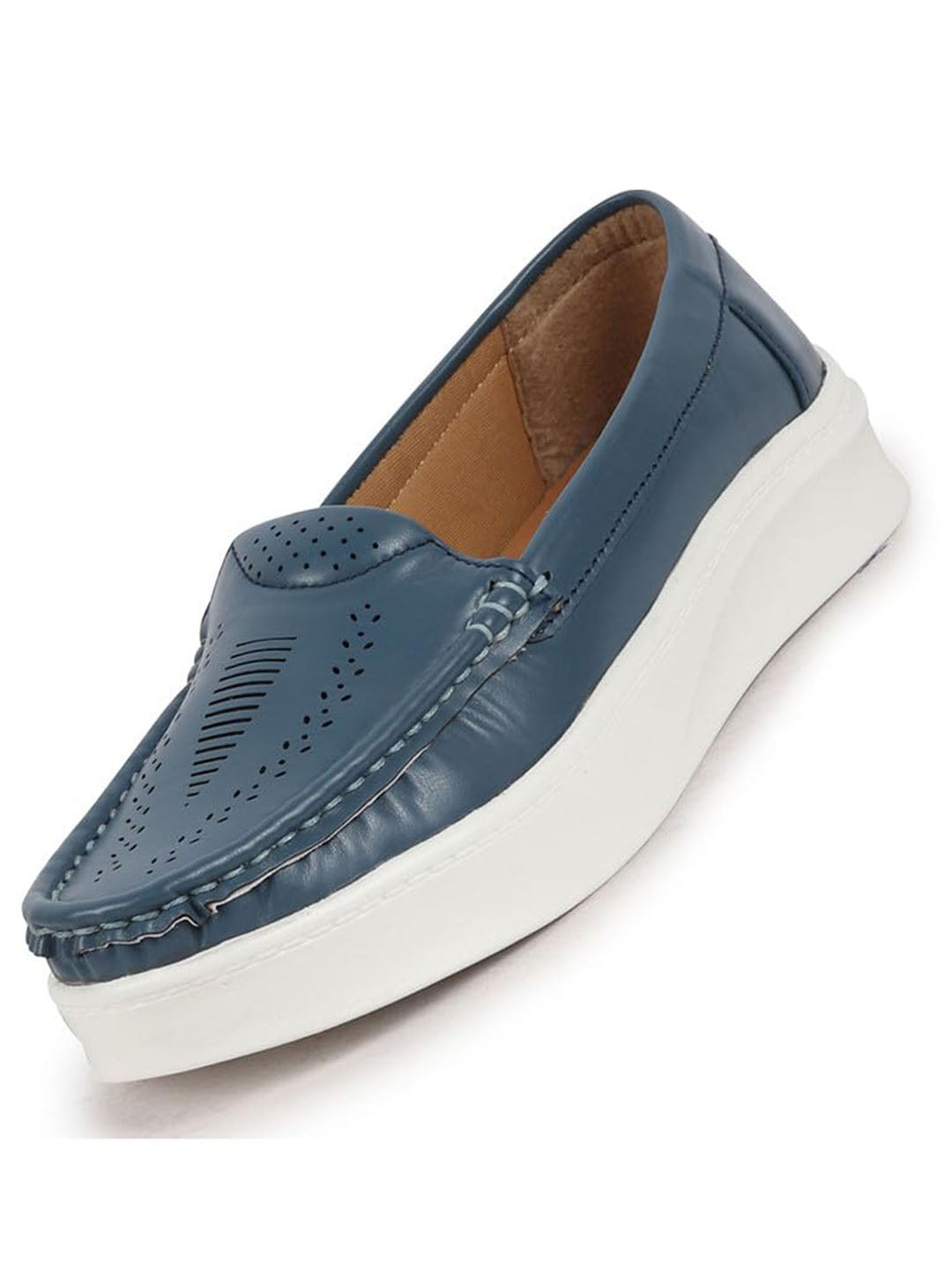 women blue perforation laser cut stitched casual slip on loafer|work|outdoor|slip on shoes|office wear