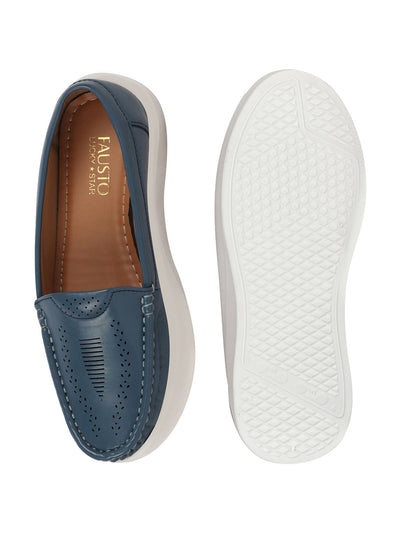 Shop Women Blue Perforation Laser Cut Stitched Casual Slip On Loafer|Work|Outdoor|Slip On Shoes|Office Wear Online.