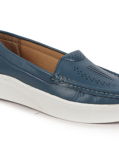 Shop Women Blue Perforation Laser Cut Stitched Casual Slip On Loafer|Work|Outdoor|Slip On Shoes|Office Wear Online.