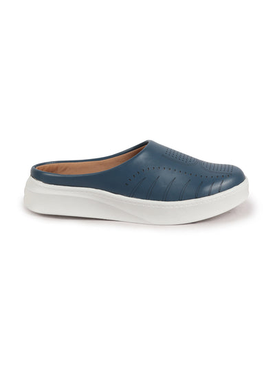 Shop Women Blue Perforated Laser Cut Classic Back Open Slip On Mules Shoes|Work|Casual|Loafer Shoes|Comfort Online.