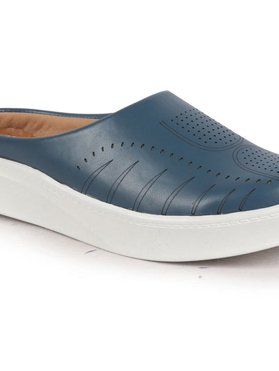 Shop Women Blue Perforated Laser Cut Classic Back Open Slip On Mules Shoes|Work|Casual|Loafer Shoes|Comfort Online.