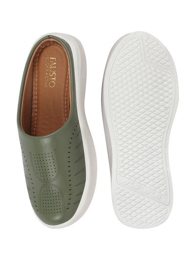 Shop Women Olive Perforated Laser Cut Classic Back Open Slip On Mules Shoes|Work|Casual|Loafer Shoes|Comfort Online.